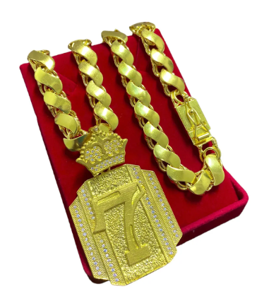 Cordão Corrente 100% Moeda Antiga Friso S 12mm + Pingentes Cor 7 crav lado