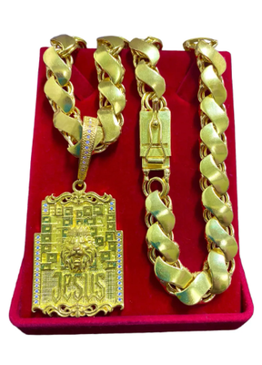 Cordão Corrente 100% Moeda Antiga Friso S 12mm + Pingentes 2 Cor LEAO JESUS CRAV