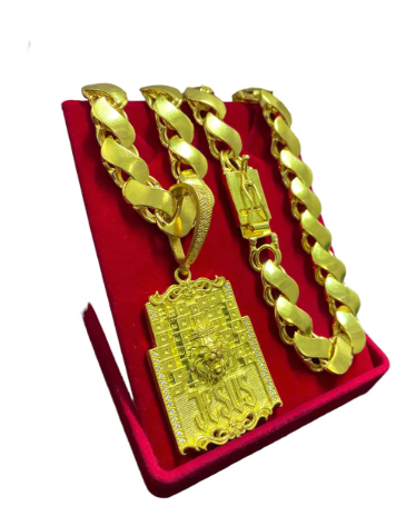 Cordão Corrente 100% Moeda Antiga Friso S 12mm + Pingentes 2 Cor LEAO JESUS CRAV