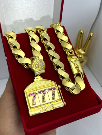 Cordão Moeda Antiga Corrente Friso S 12mm Pingente 7 Luxo Ouro