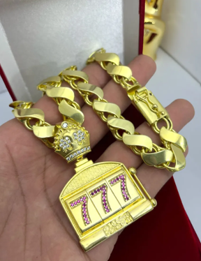 Cordão Moeda Antiga Corrente Friso S 12mm Pingente 7 Luxo Ouro