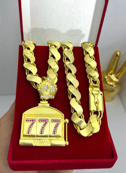 Cordão Moeda Antiga Corrente Friso S 12mm Pingente 7 Luxo Ouro