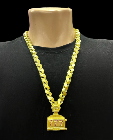 Cordão Moeda Antiga Corrente Friso S 12mm Pingente 7 Luxo Ouro