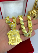 Cordão Moeda Antiga Friso S 12mm Pingente 7 Cravejado 70cm Dourado