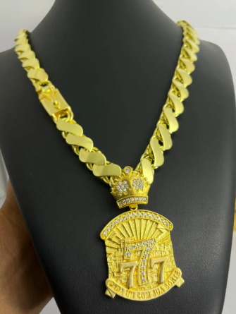 Cordão Moeda Antiga Friso S 12mm Pingente 7 Cravejado 70cm Dourado