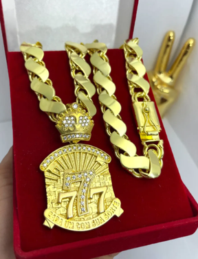 Cordão Moeda Antiga Friso S 12mm Pingente 7 Cravejado 70cm Dourado