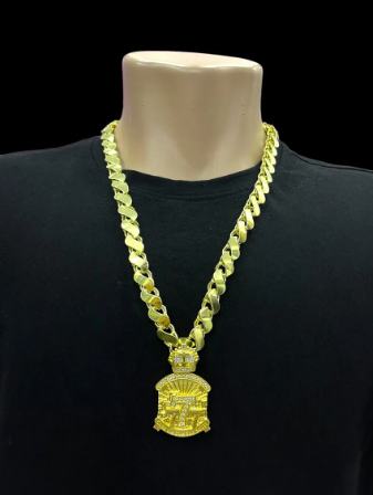 Cordão Moeda Antiga Friso S 12mm Pingente 7 Cravejado 70cm Dourado