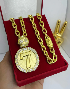 Cordão Cadeado De Moeda Antiga Pura 8mm 70cm Pingente 7 Sete Ouro