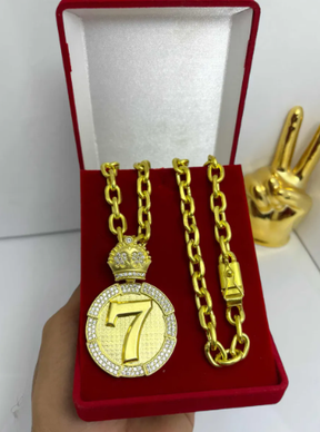 Cordão Cadeado De Moeda Antiga Pura 8mm 70cm Pingente 7 Sete Ouro