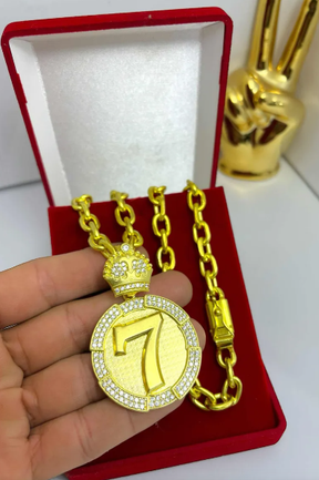 Cordão Cadeado De Moeda Antiga Pura 8mm 70cm Pingente 7 Sete Ouro