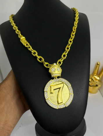 Cordão Cadeado De Moeda Antiga Pura 8mm 70cm Pingente 7 Sete Ouro