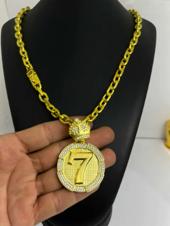 Cordão Cadeado De Moeda Antiga Pura 8mm 70cm Pingente 7 Sete Ouro