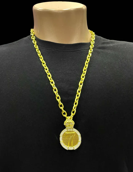 Cordão Cadeado De Moeda Antiga Pura 8mm 70cm Pingente 7 Sete Ouro