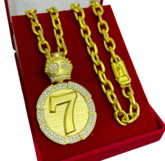 Cordão Cadeado De Moeda Antiga Pura 8mm 70cm Pingente 7 Sete Ouro
